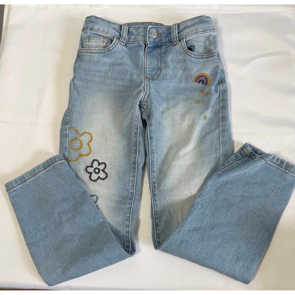 Jumping Beans Girls Jeans Sz 7 Embroidered Rainbow Flowers Kidcore School Play